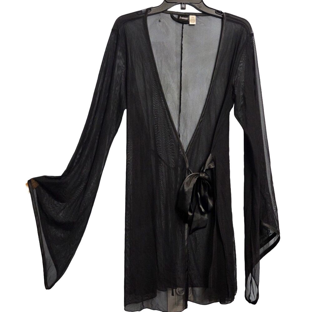 Fredericks of Hollywood Sheer Black Wrap Robe Bell Sleeve Whimsigoth Witchy L/XL